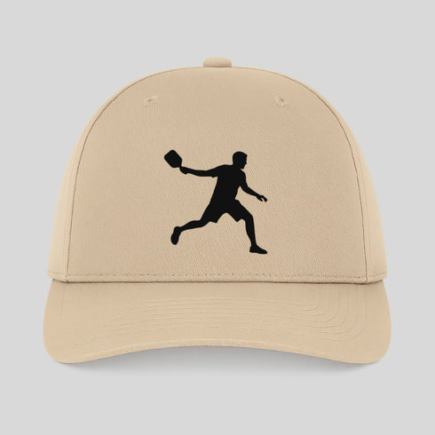 Beige cap with black silhouette of a person playing sports on a light gray background